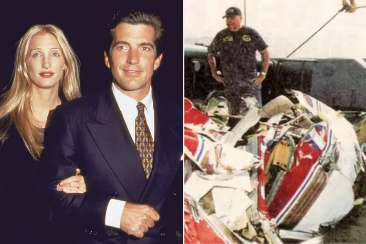 From left: Carolyn Bessette Kennedy and John F. Kennedy Jr. in 1997 and the wreckage of his plan, found in July 1999. Credit : DMI/The LIFE Picture Collection/Shutterstock; NTSB